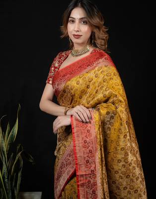 Lemon satin woven saree with blouse 3
