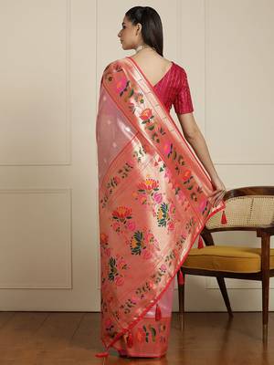 Pink floral woven design zari paithani saree 3