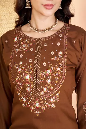 Embroidered silk kurta with pant & dupatta set for women