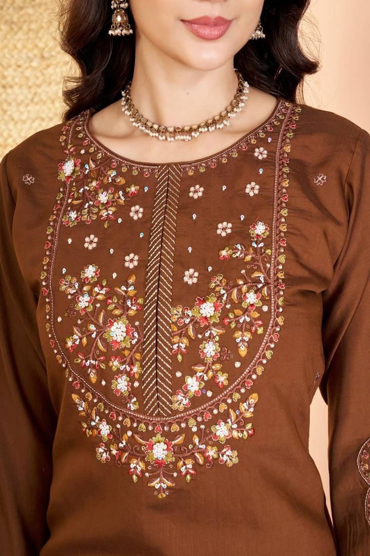 Embroidered silk kurta with pant & dupatta set for women