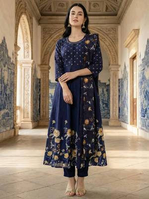 Blue printed pure cotton kurta trouser dupatta set 4