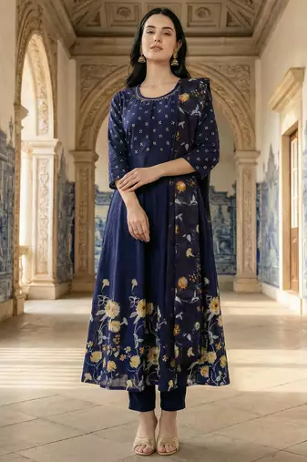 Blue printed pure cotton kurta trouser dupatta set
