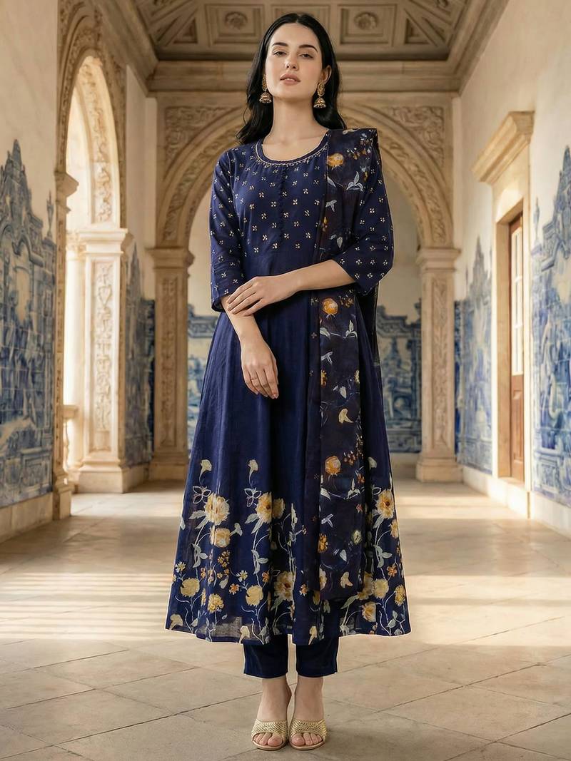 Blue printed pure cotton kurta trouser dupatta set
