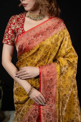 Lemon satin woven saree with blouse 4