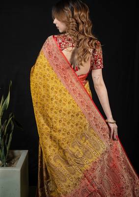 Lemon satin woven saree with blouse 5