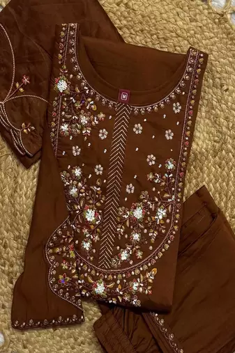 Embroidered silk kurta with pant & dupatta set for women