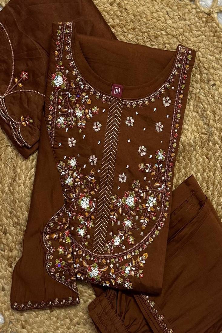 Embroidered silk kurta with pant & dupatta set for women