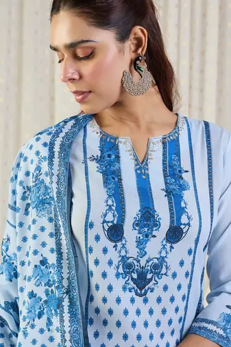 Blue printed pure cotton kurta trouser dupatta set