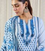 Blue printed pure cotton kurta trouser dupatta set