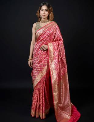 Pink satin woven saree with blouse 1