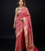 Pink satin woven saree with blouse