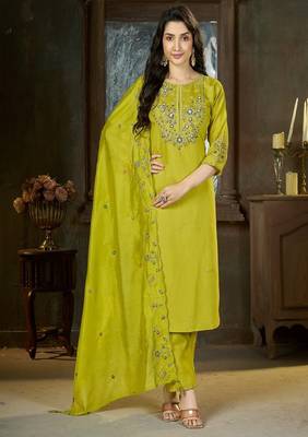Embroidered silk kurta with pant & dupatta set for women 1