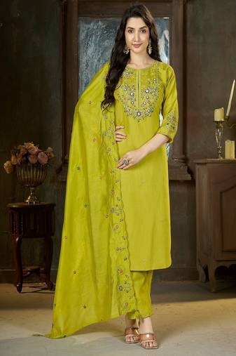 Embroidered silk kurta with pant & dupatta set for women