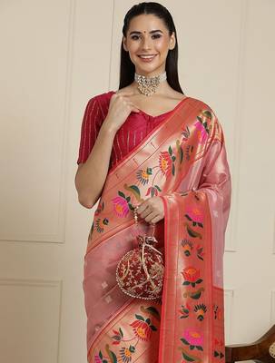 Pink floral woven design zari paithani saree 4