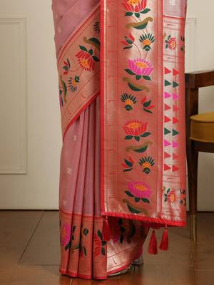 Pink floral woven design zari paithani saree 5