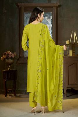 Embroidered silk kurta with pant & dupatta set for women 2