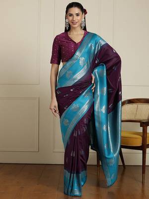 Blue woven design kanjeevaram saree with unstitched blouse 1