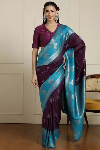Blue woven design kanjeevaram saree with unstitched blouse