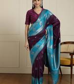 Blue woven design kanjeevaram saree with unstitched blouse