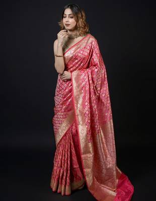Pink satin woven saree with blouse 2