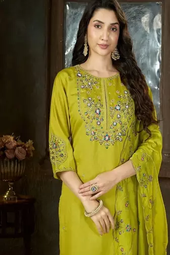 Embroidered silk kurta with pant & dupatta set for women
