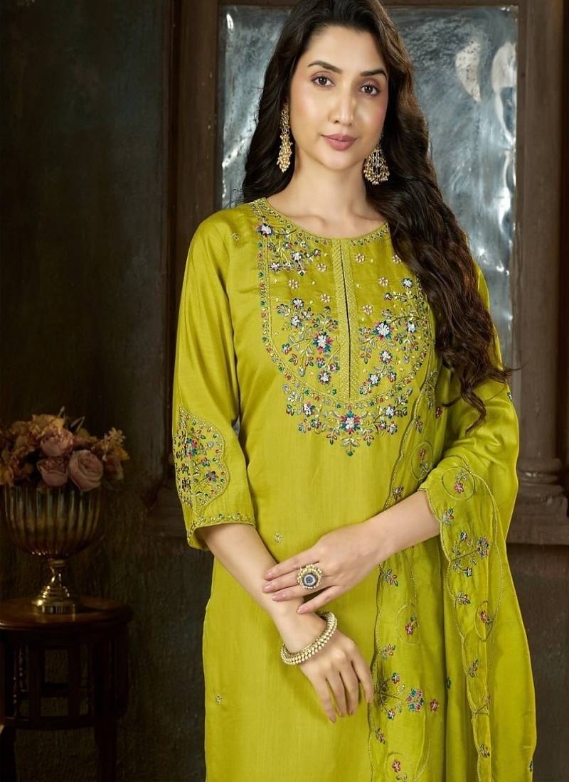 Embroidered silk kurta with pant & dupatta set for women