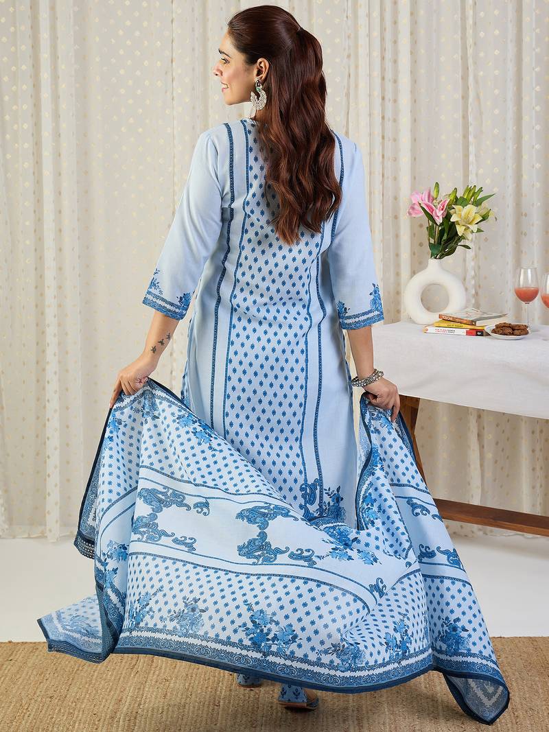 Blue printed pure cotton kurta trouser dupatta set