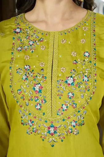 Embroidered silk kurta with pant & dupatta set for women