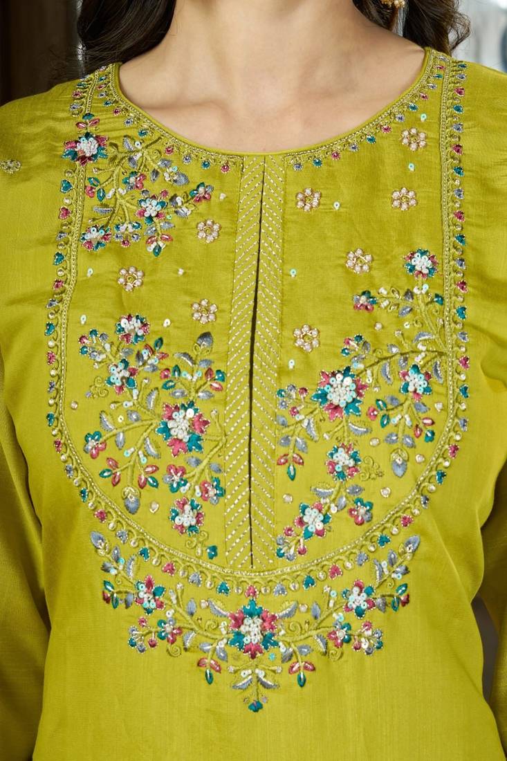 Embroidered silk kurta with pant & dupatta set for women