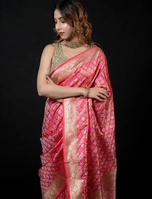 Pink satin woven saree with blouse 3