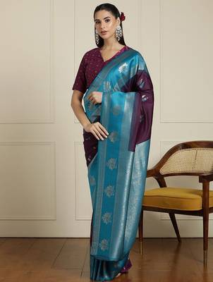 Blue woven design kanjeevaram saree with unstitched blouse 2