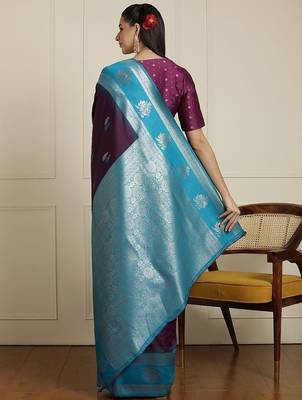 Blue woven design kanjeevaram saree with unstitched blouse 3