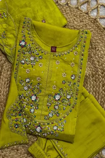 Embroidered silk kurta with pant & dupatta set for women