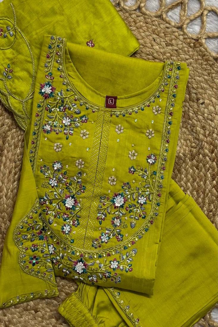 Embroidered silk kurta with pant & dupatta set for women