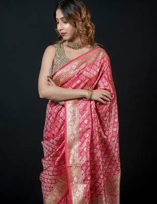 Pink satin woven saree with blouse 4