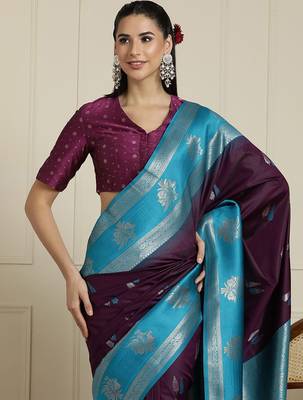 Blue woven design kanjeevaram saree with unstitched blouse 4