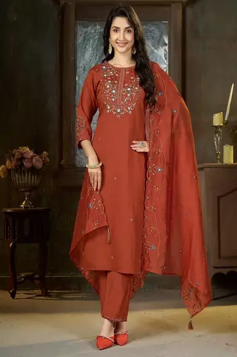 Embroidered silk kurta with pant & dupatta set for women