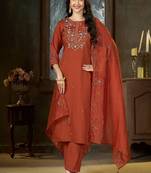 Embroidered silk kurta with pant & dupatta set for women