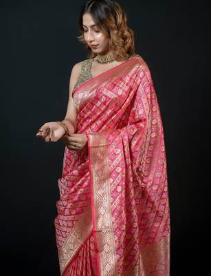 Pink satin woven saree with blouse 5