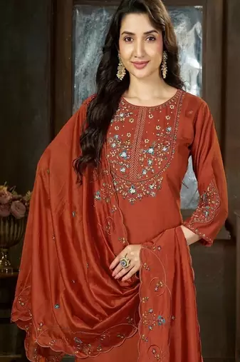 Embroidered silk kurta with pant & dupatta set for women