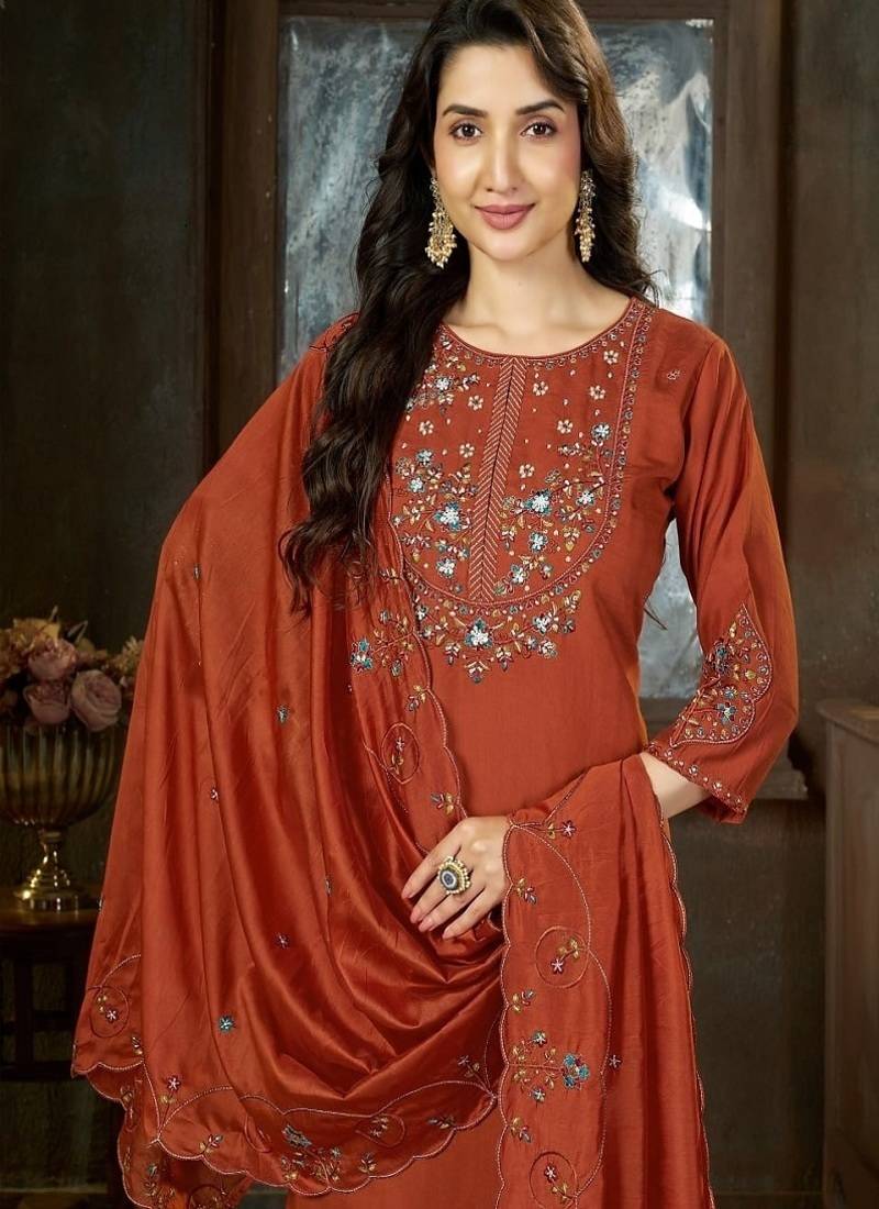 Embroidered silk kurta with pant & dupatta set for women