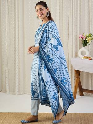 Blue printed pure cotton kurta trouser dupatta set 3