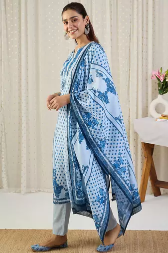 Blue printed pure cotton kurta trouser dupatta set