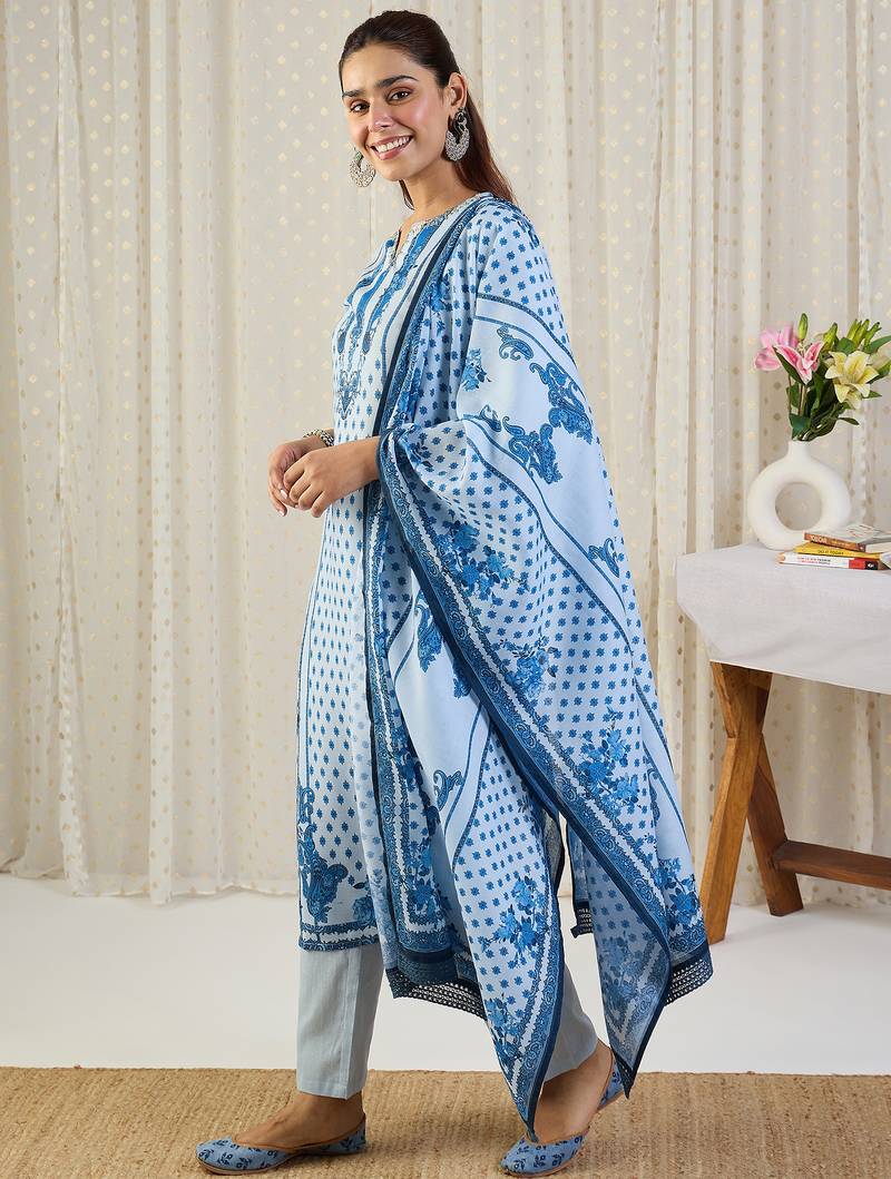 Blue printed pure cotton kurta trouser dupatta set