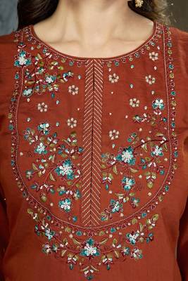 Embroidered silk kurta with pant & dupatta set for women 4