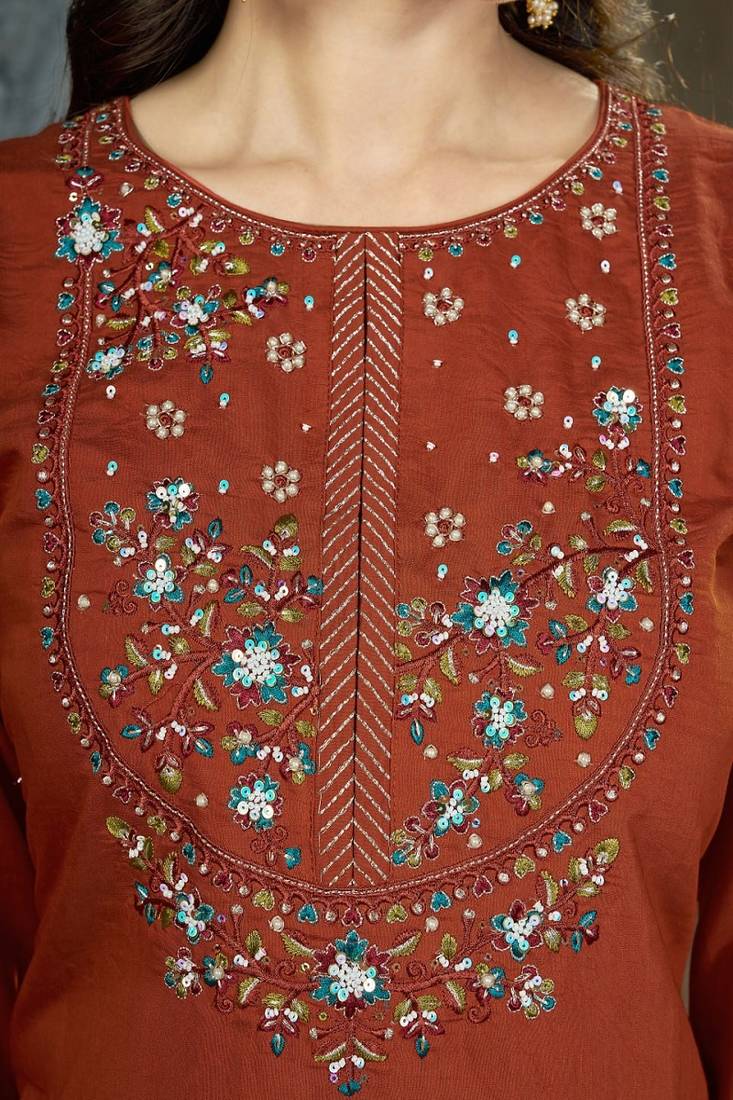 Embroidered silk kurta with pant & dupatta set for women