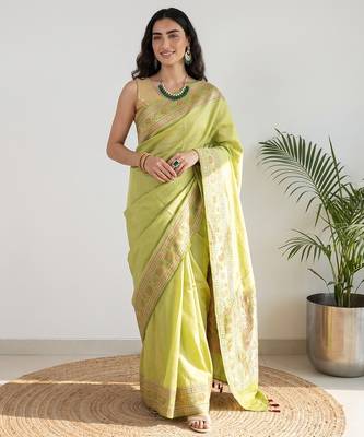 Pista green silk blend woven saree with blouse 1