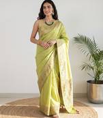 Pista green silk blend woven saree with blouse