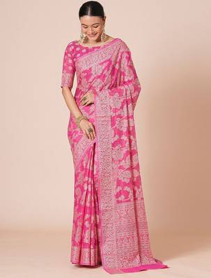 Pink woven design muga saree with blouse piece 1