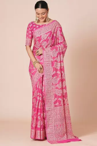 Pink woven design muga saree with blouse piece